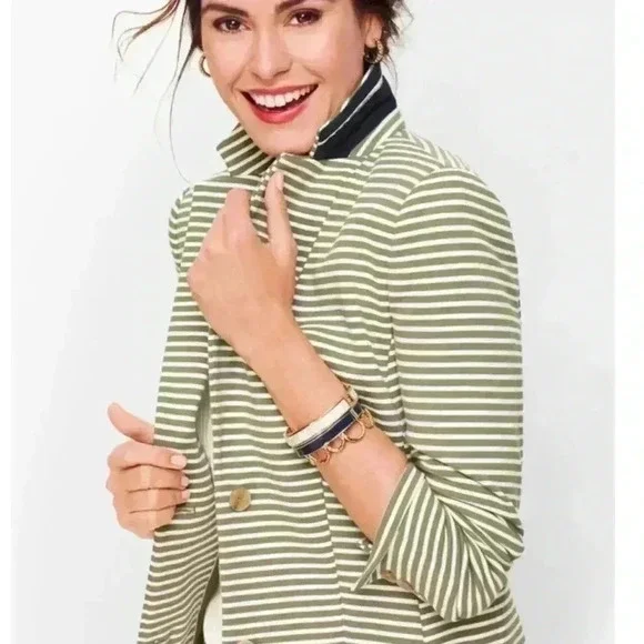 Talbots Aberdeen Knit STRIPE PIQUE Blazer green white size 16 like new - Picture 2 of 10